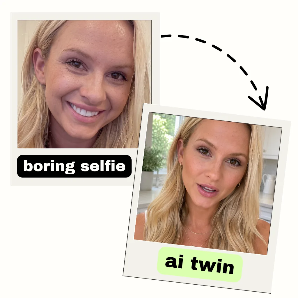 Before and after showing a boring selfie turning into an AI twin