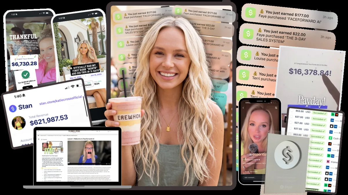 FaceForward AI course mockup showing lesson modules, testimonial messages, and sales notifications